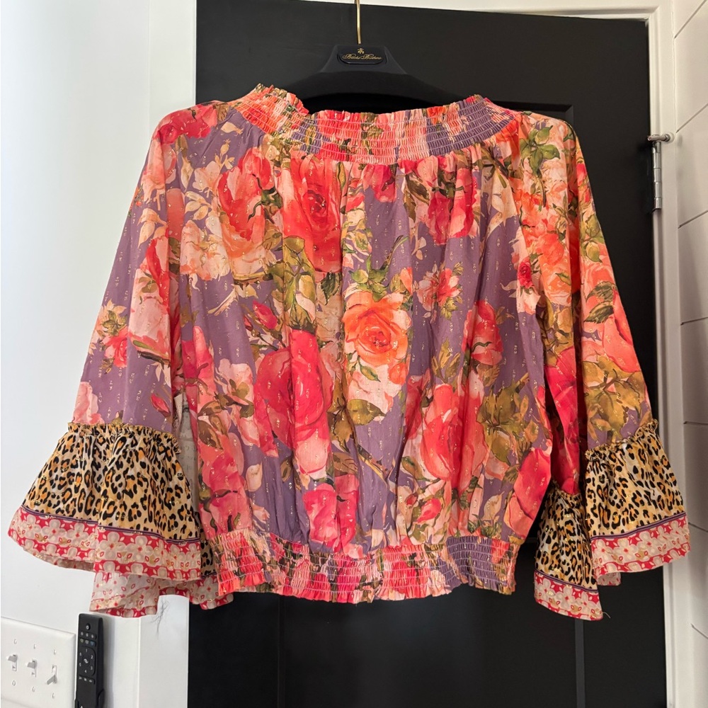 Aratta Rosaline Blouse Top Flowy Ruffle Off Shoulder Smocked Rose Floral Large - Picture 9 of 13